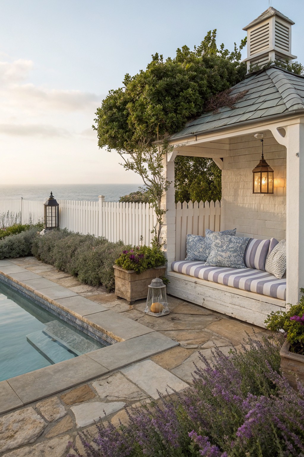 Seaside patio with pool, white gazebo, striped cushions, stone pavers, and flowers.
