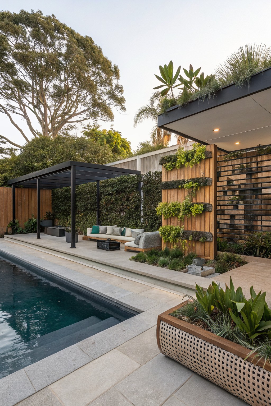 Backyard pool area with concrete patio, outdoor sofa under a black pergola, and a tall wooden wall fitted with layered planters holding green plants.