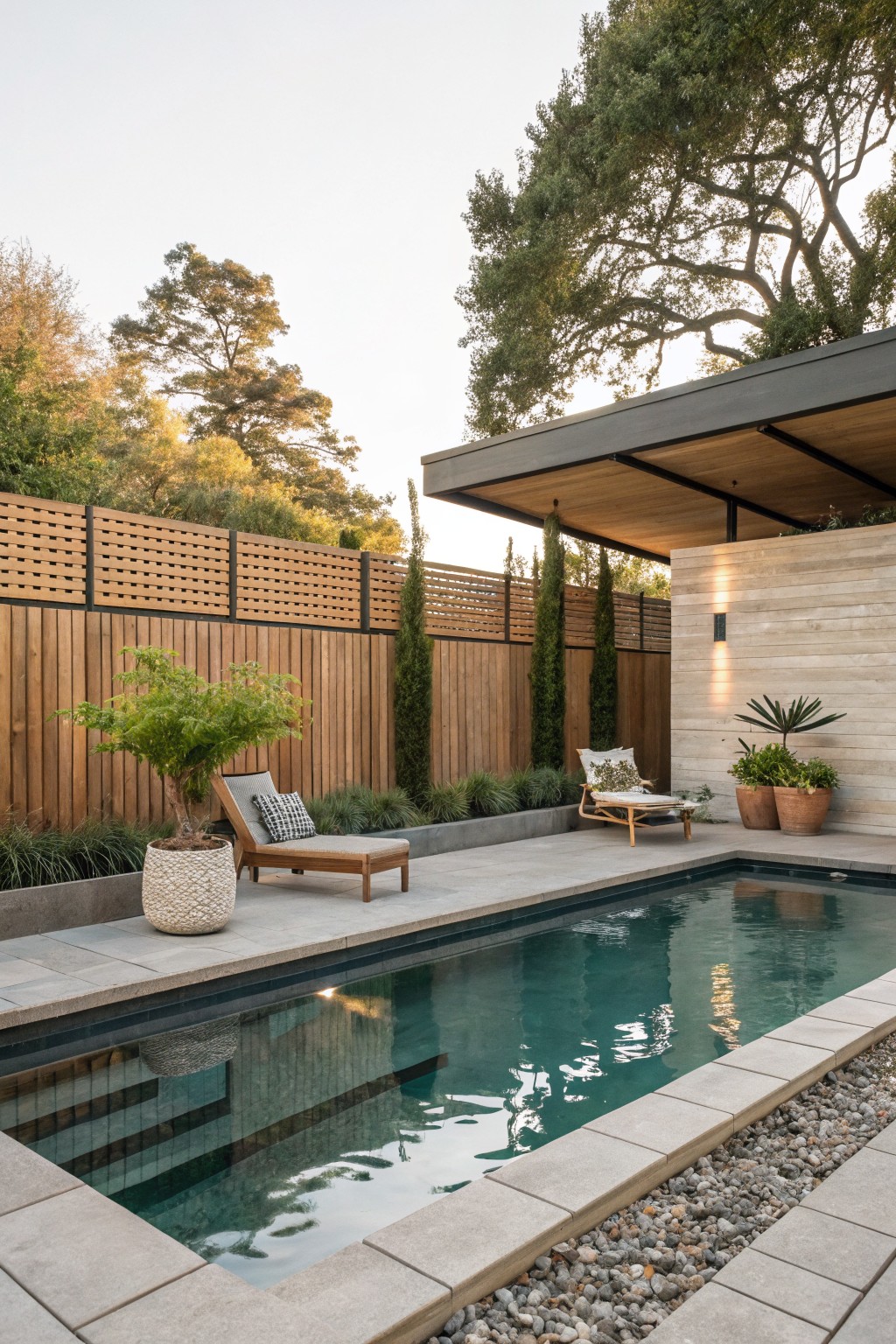 A rectangular backyard pool with a wooden privacy fence lined by tall narrow trees and two wooden lounge chairs on the concrete patio.