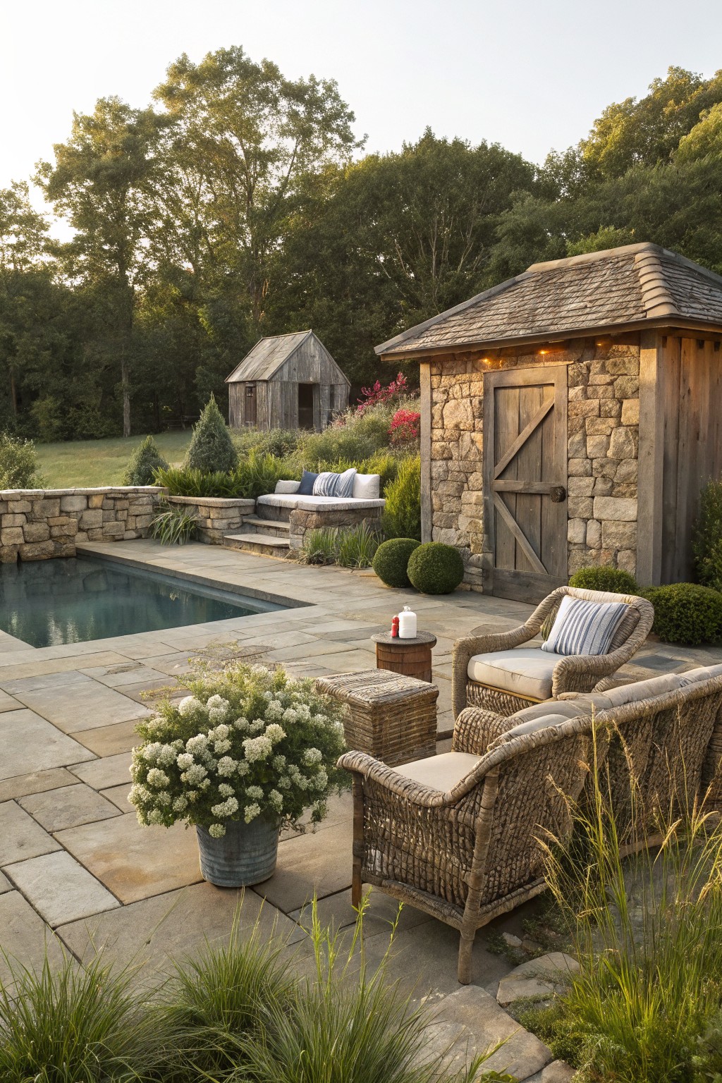 Wicker chairs on stone patio beside pool with rustic wooden buildings and trees