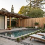 A rectangular backyard pool with a wooden privacy fence lined by tall narrow trees and two wooden lounge chairs on the concrete patio.