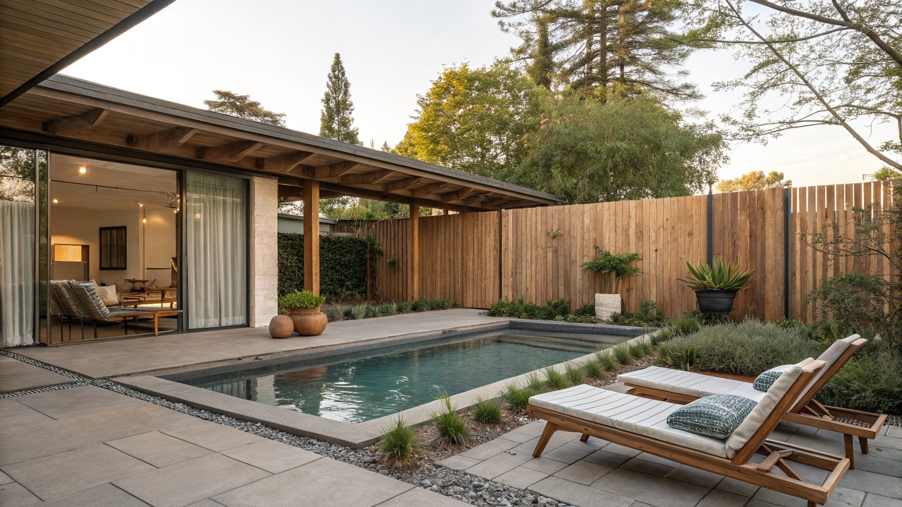 A rectangular backyard pool with a wooden privacy fence lined by tall narrow trees and two wooden lounge chairs on the concrete patio.