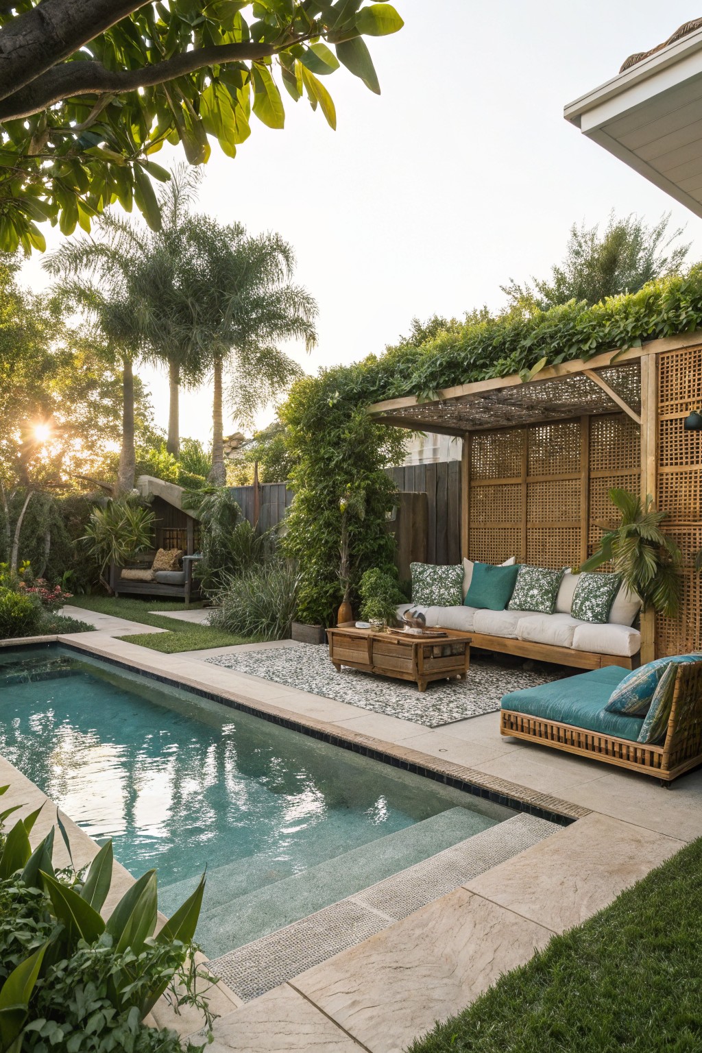Luxurious poolside patio with wooden sofa, teal daybed, and lush tropical greenery at sunset.