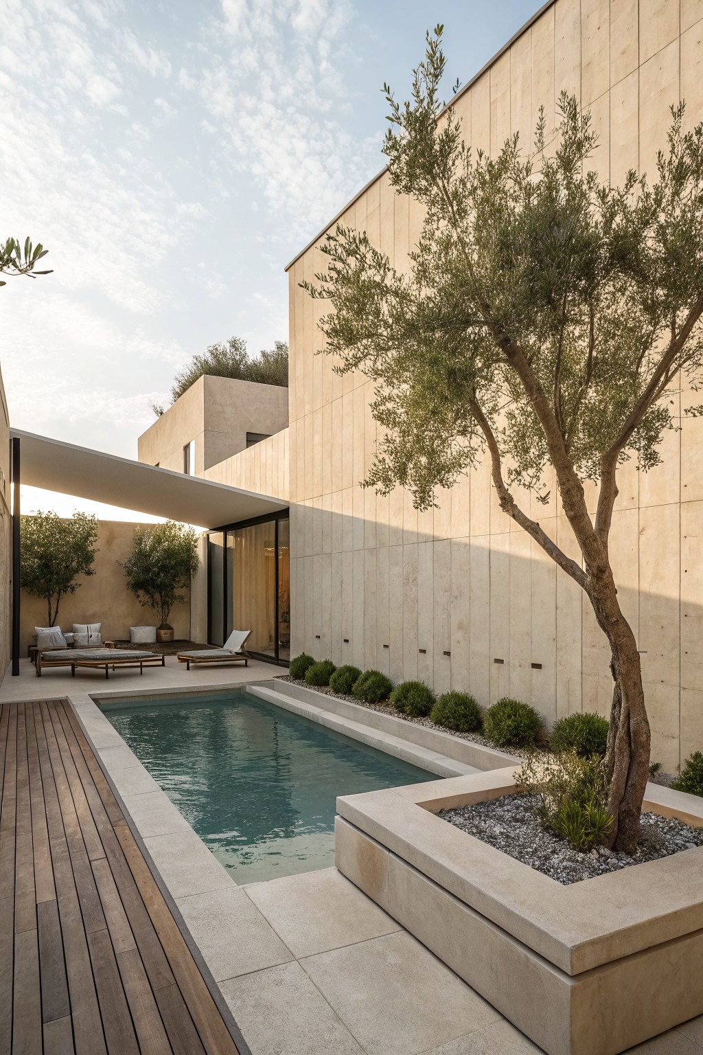 Modern concrete house with rectangular pool, olive tree, and wooden deck.
