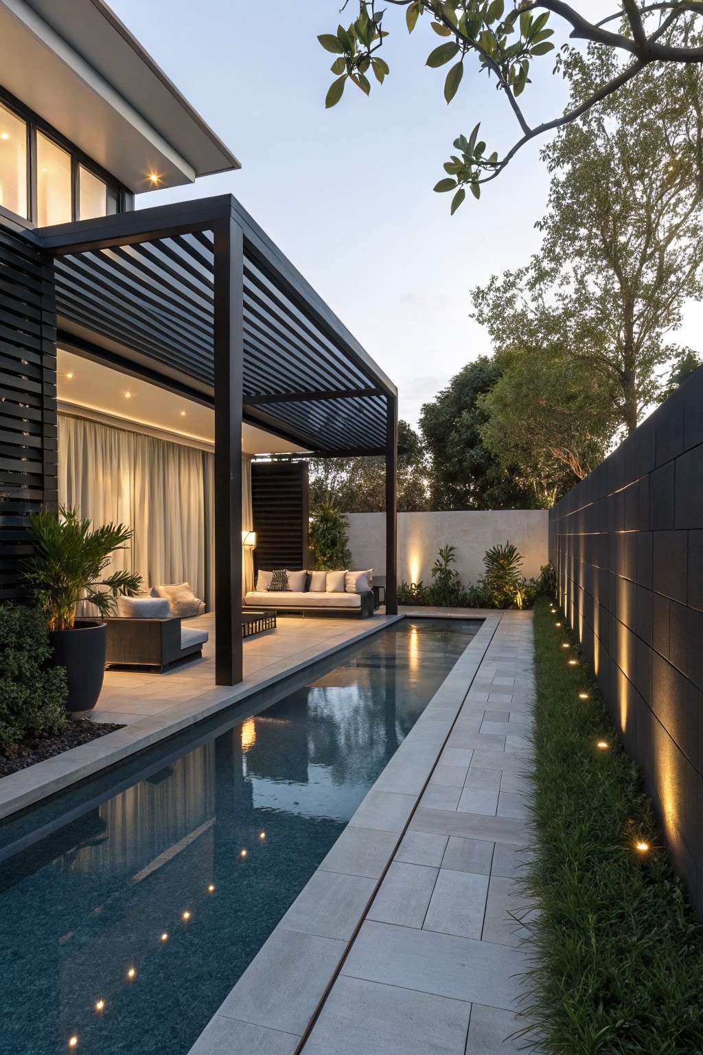 Modern backyard pool scene with a long dark privacy wall on the right lined with ground lights, a slatted pergola over a lounge area on the left, and a narrow strip of grass between the wall and the pool.
