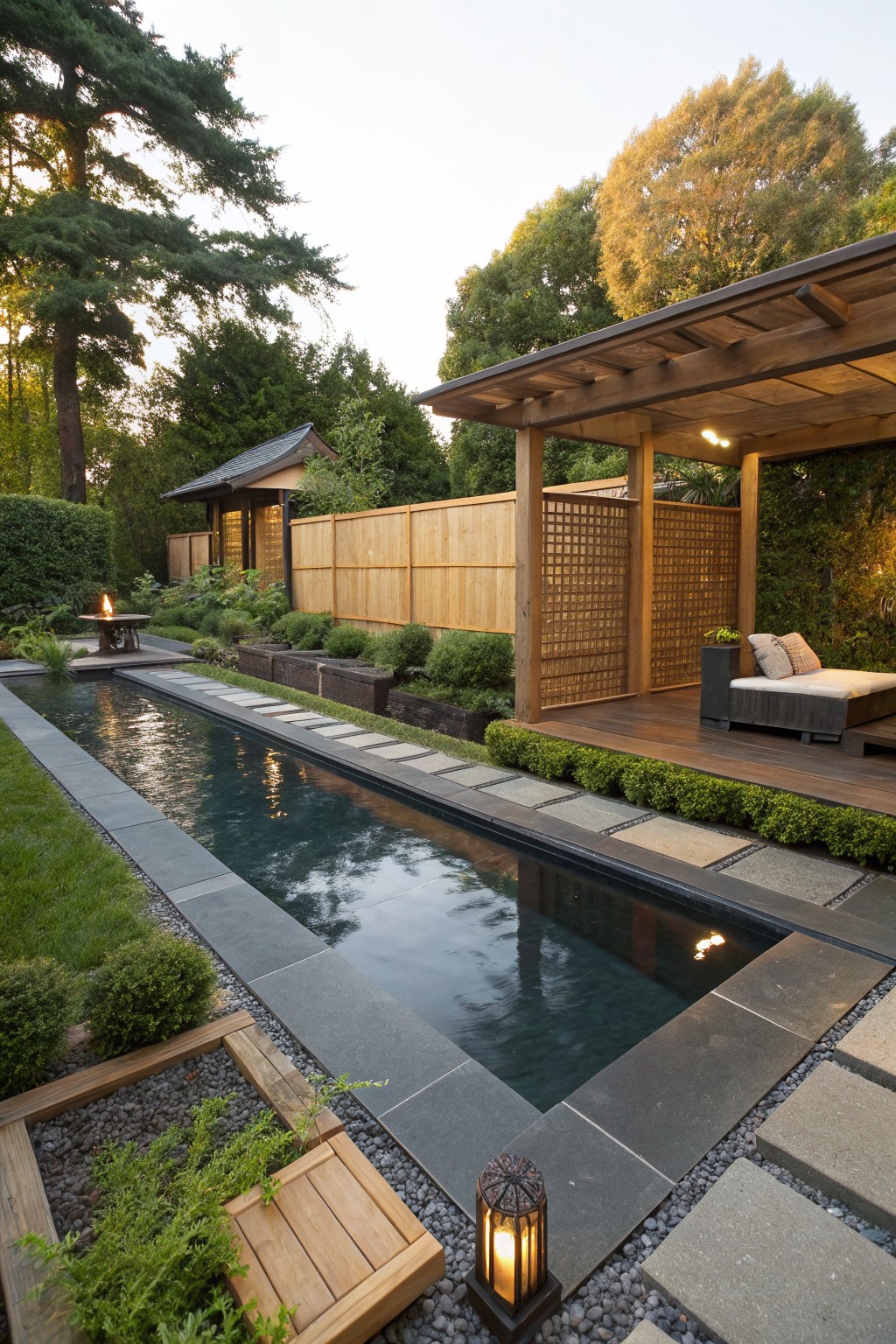 Serene backyard with narrow pool, wooden pergola, lounge chair, and stone paths at dusk.