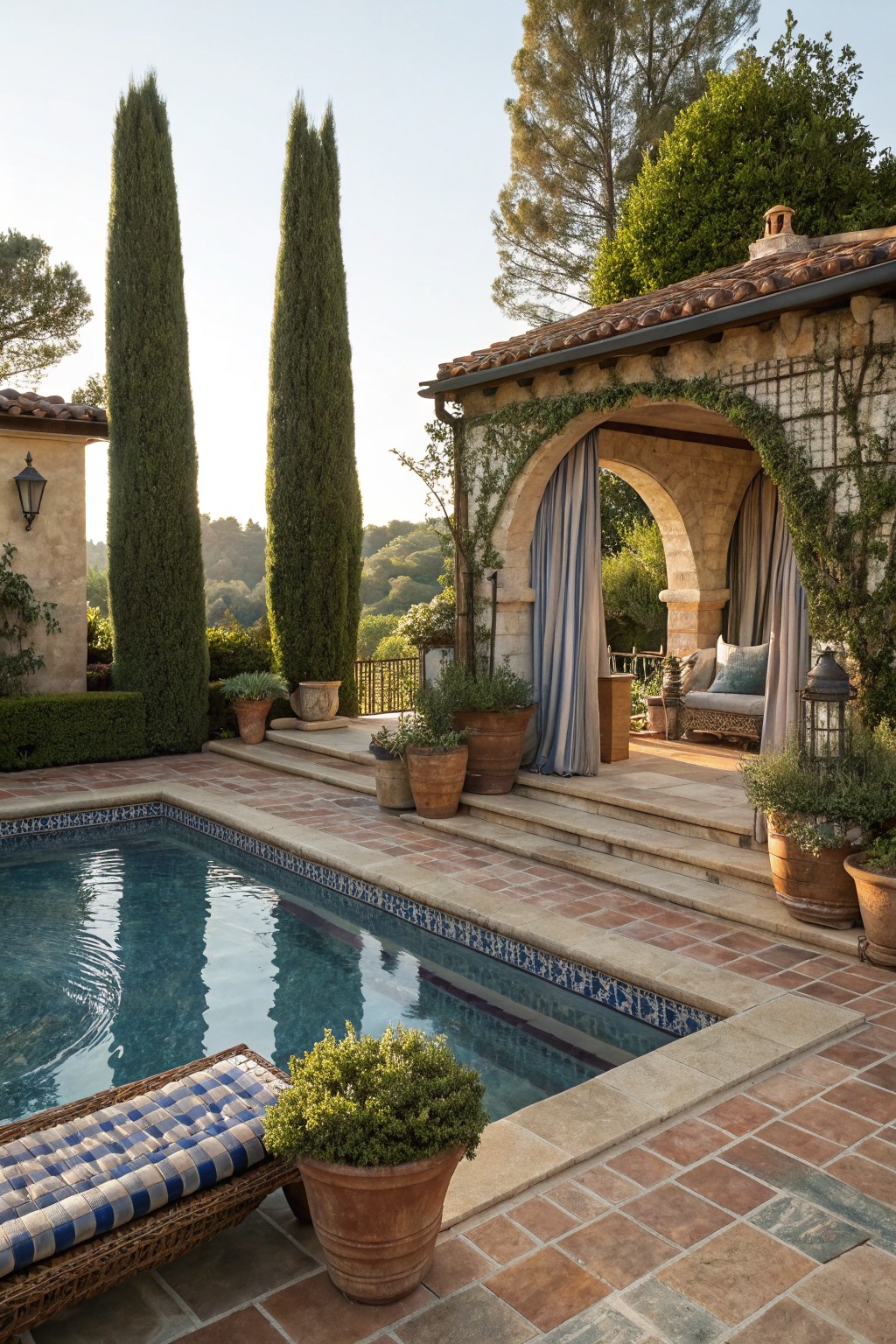 A backyard pool bordered by tall cypress trees, with a stone cabana that has blue curtains and potted plants on the surrounding tiled patio.