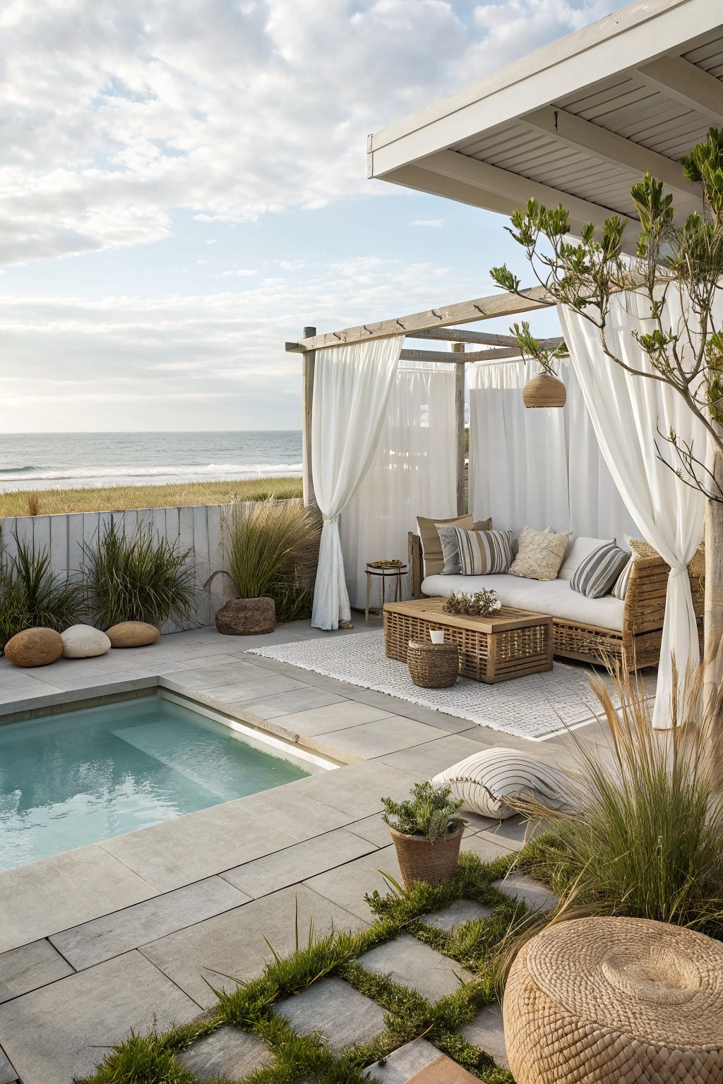 Coastal patio with plunge pool, white-curtained cabana sofa, and ocean views