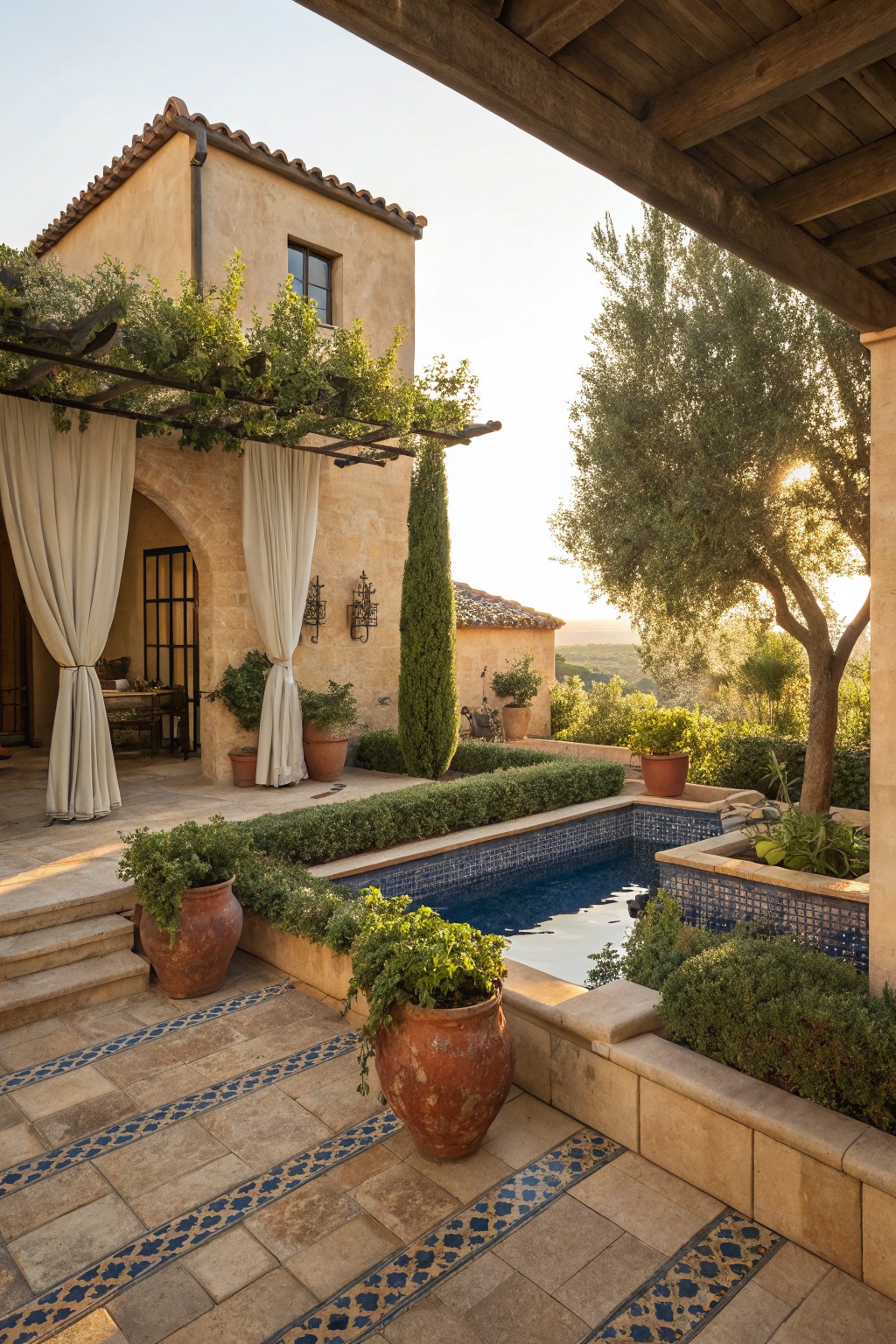 Mediterranean villa patio with blue-tiled pool, terracotta pots, and lush greenery at sunset