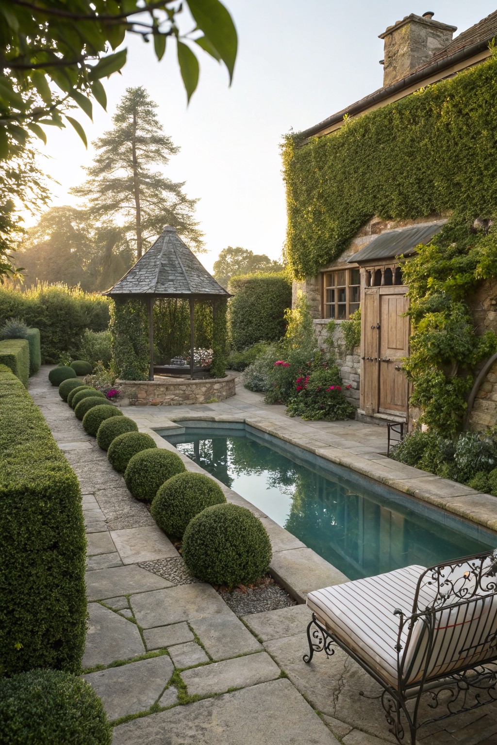 A rectangular backyard pool bordered by rounded green hedges on one side and an ivy-covered stone building on the other, with a small gazebo in the background.