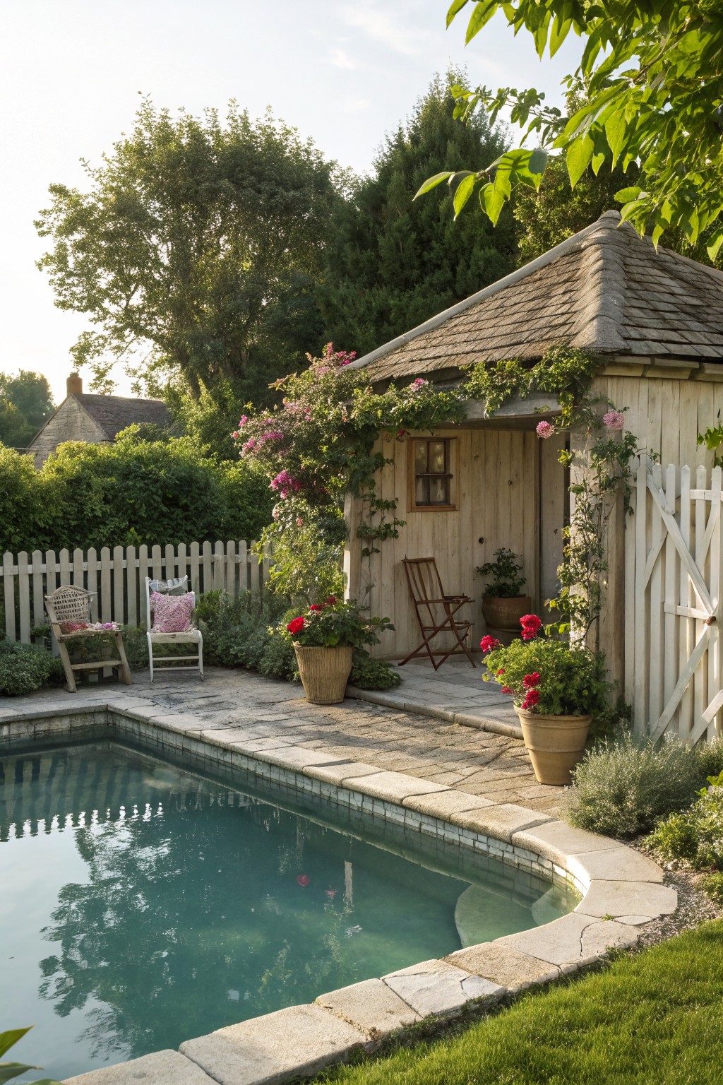A wooden cabana with climbing pink roses sits next to a rectangular pool, with potted flowers, a folding chair, and a white picket fence visible in the background.