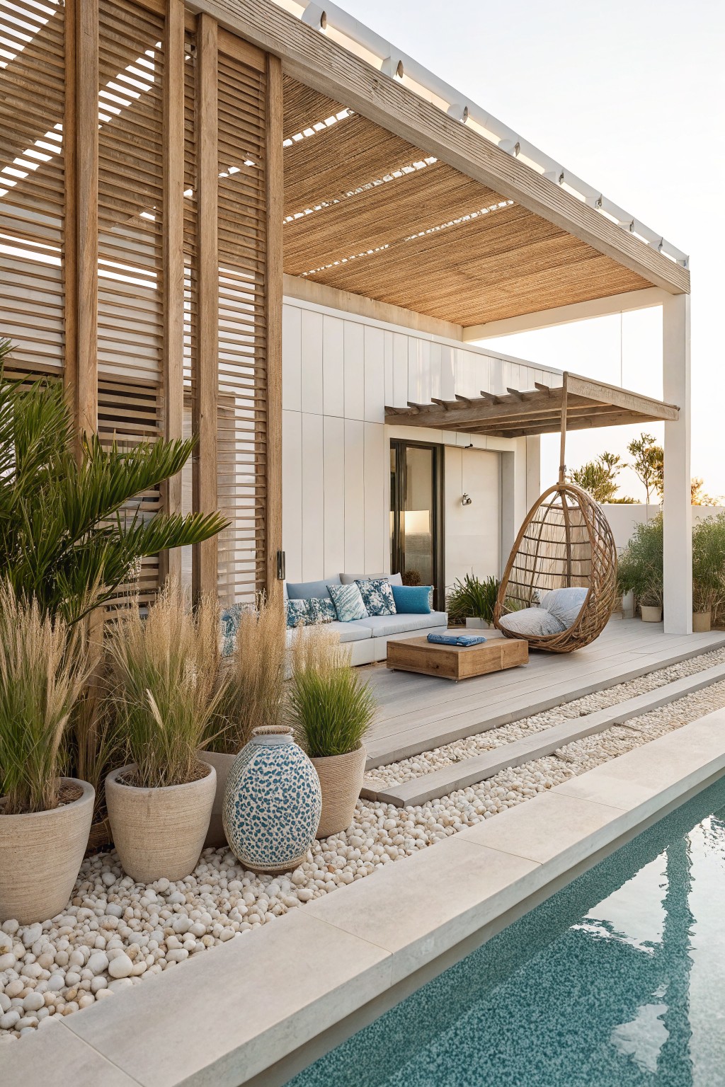 A modern poolside deck features a hanging wicker chair, outdoor sofa, wooden slat screens, potted plants, and a swimming pool in the foreground.