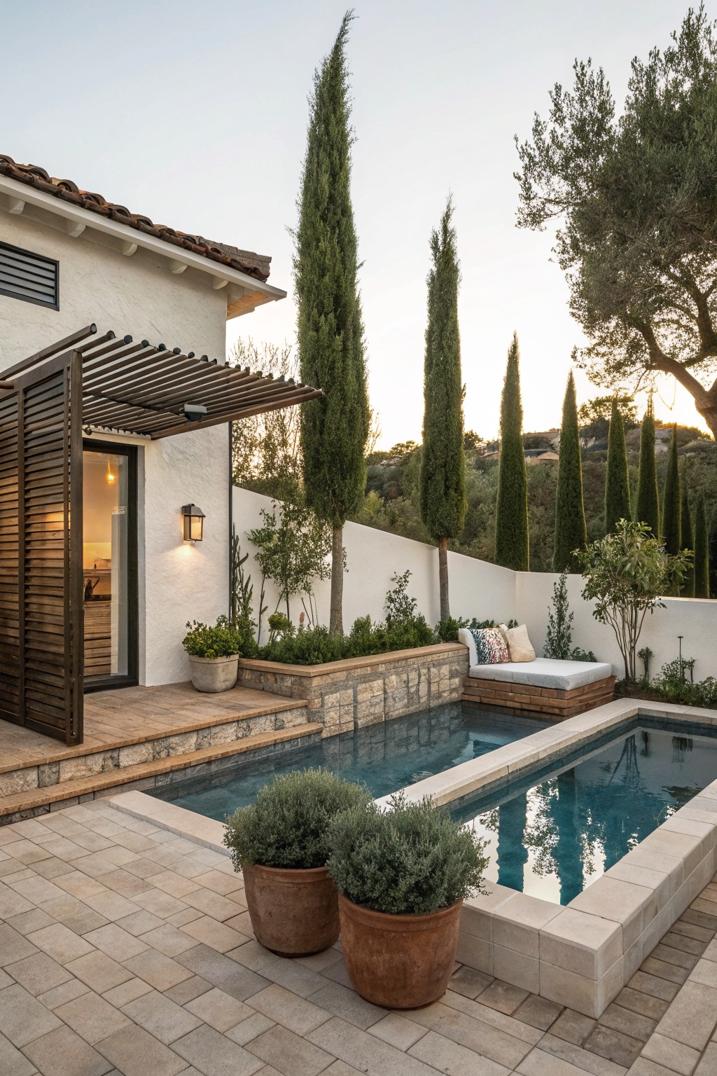 Backyard pool with tall cypress trees behind a white wall, built-in bench, and potted plants on a stone patio next to a house.