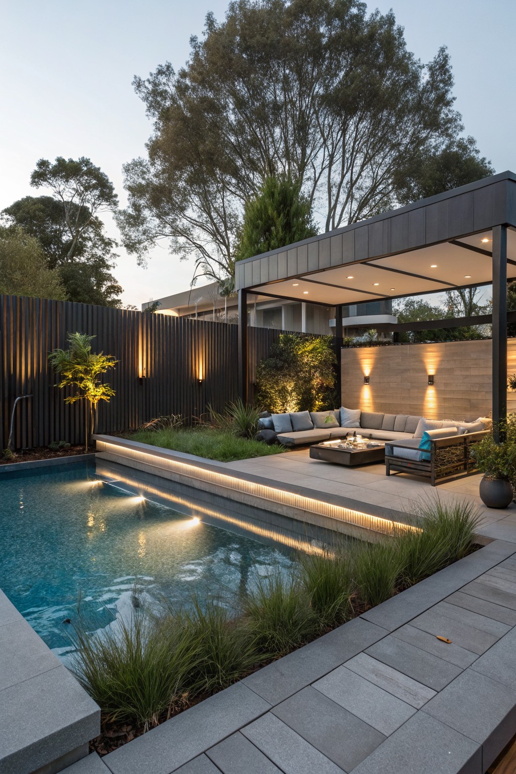 A modern backyard pool area with a dark vertical fence, overhead covered patio, L-shaped sectional sofa, and surrounding plants with integrated lighting.