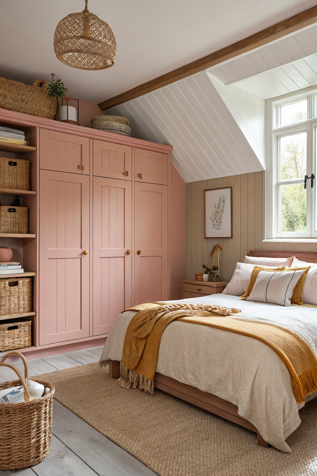 A bedroom featuring dusty rose pink built-in cabinetry along one wall.