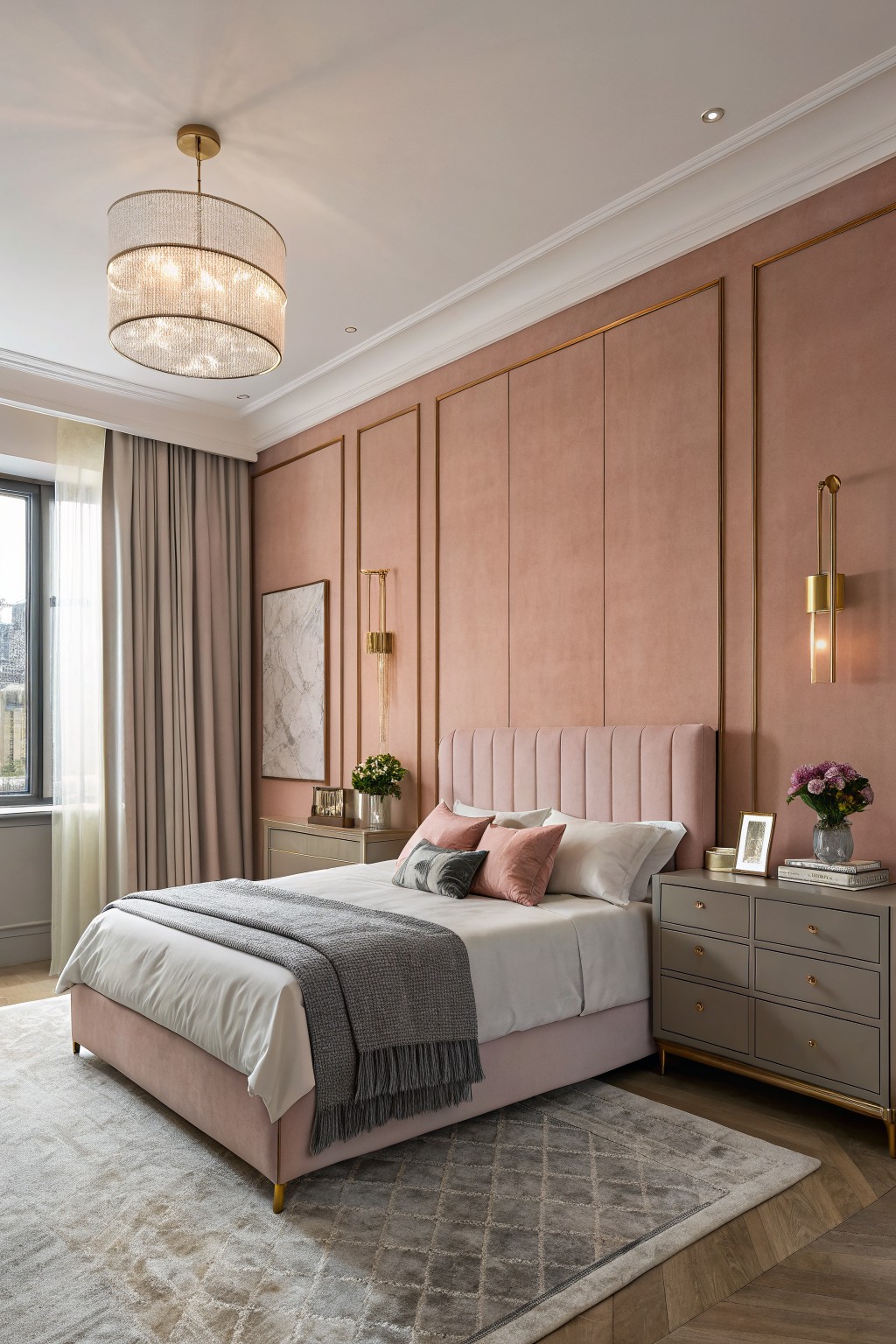 Dusty rose pink walls in a bedroom with gold trim details.