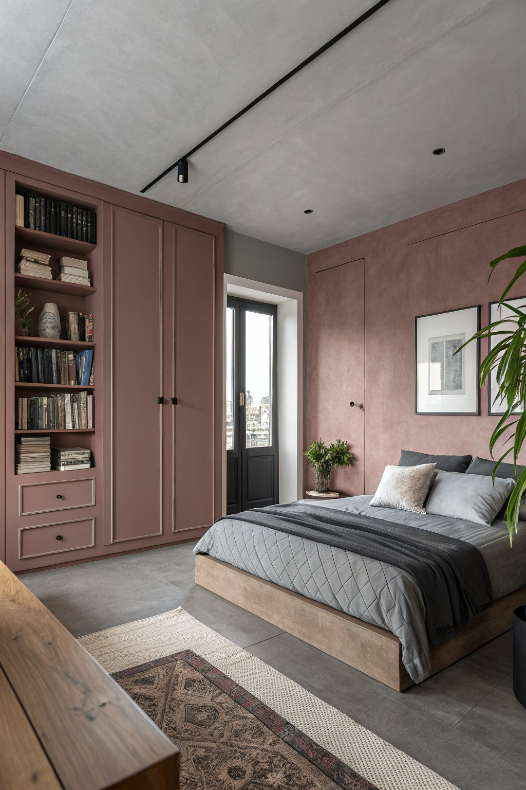 A bedroom featuring dusty rose painted walls and built-in cabinetry.
