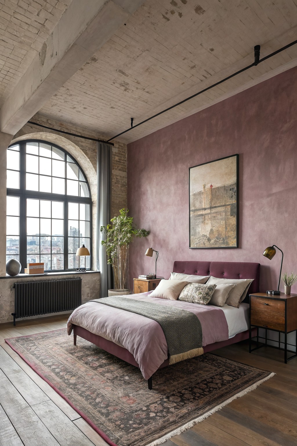 Loft bedroom with purple bed, arched window, abstract art, and patterned rug