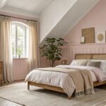 Bedroom walls painted a soft warm pink with wood furniture and an arched window.