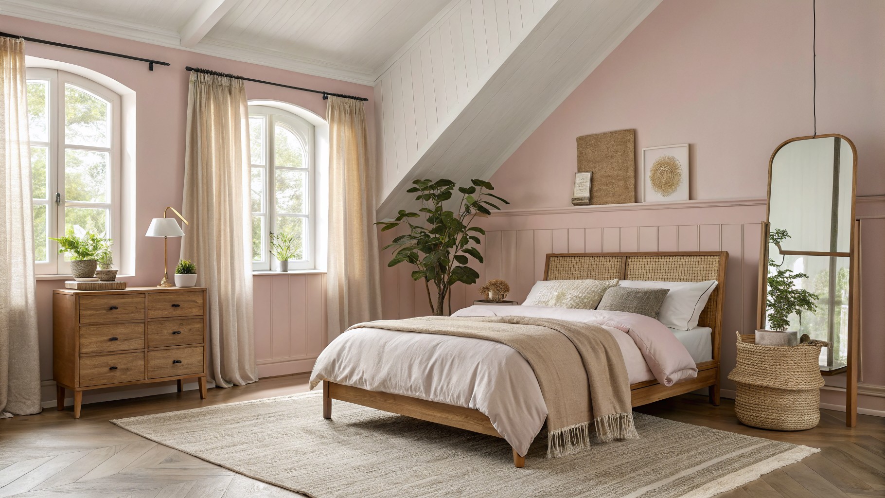 Bedroom walls painted a soft warm pink with wood furniture and an arched window.
