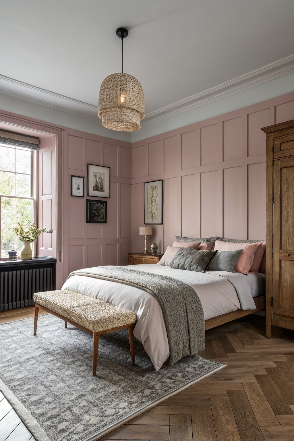 Bedroom walls painted in a soft muted pink.