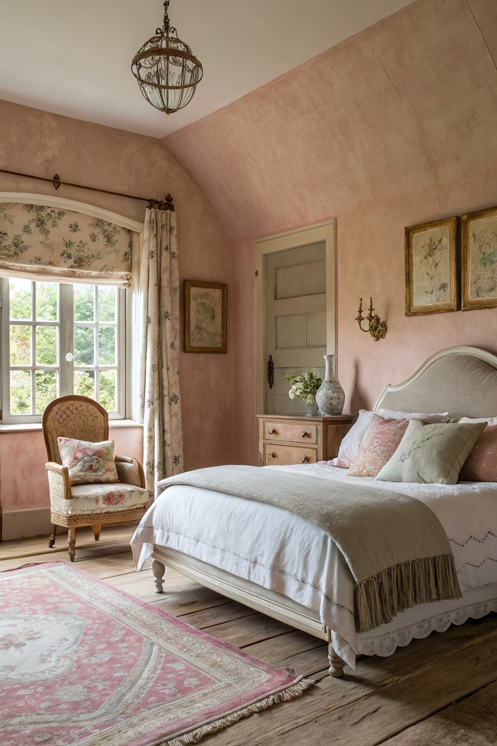 Pink bedroom with white bed, fringed throw, chandelier, armchair, and patterned rug.
