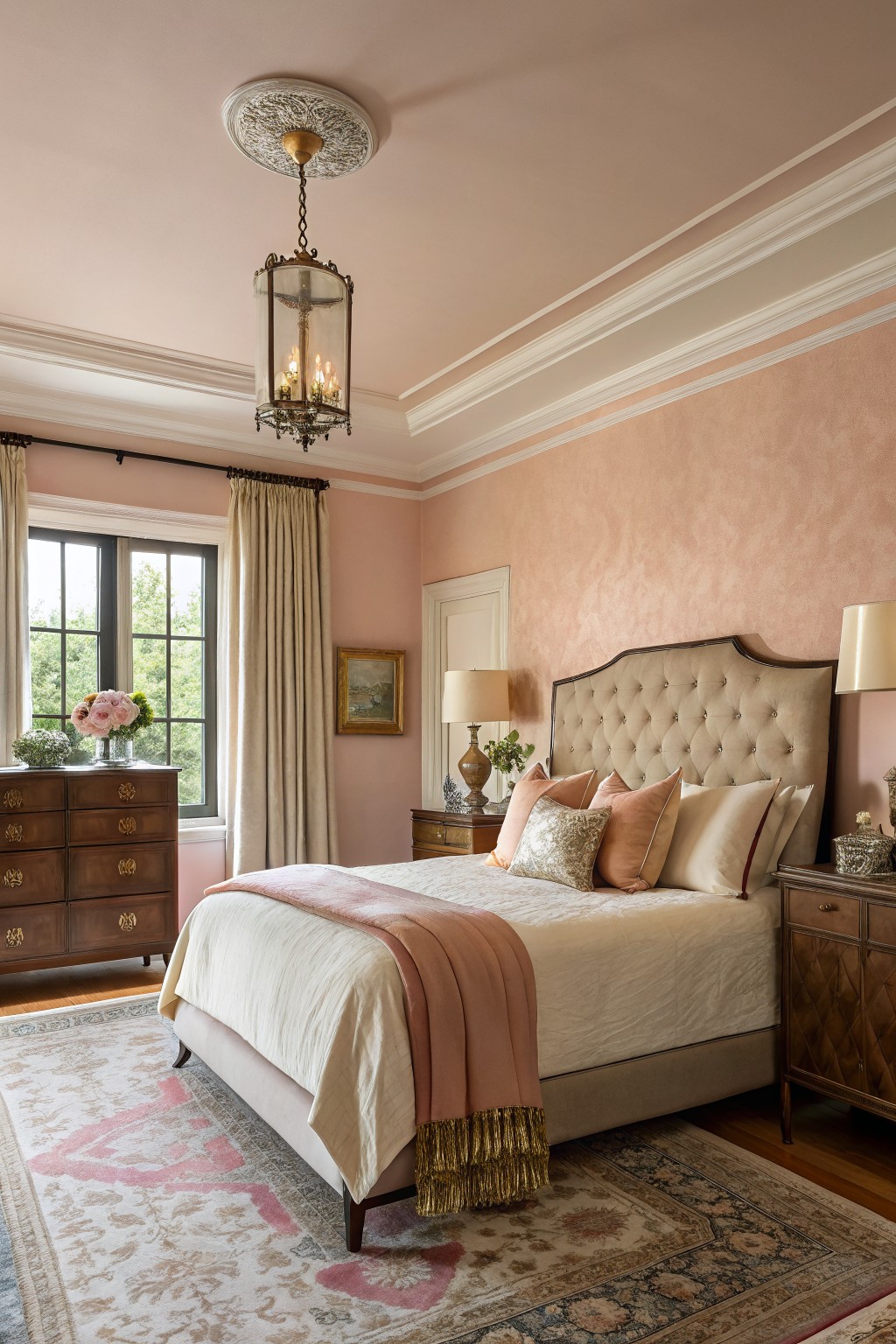 Soft pink walls in a bedroom with an upholstered bed and wood furniture.