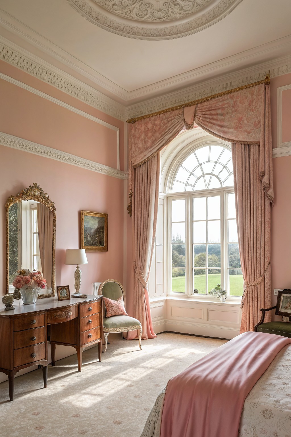 Bedroom walls painted in a soft warm blush pink with white trim.