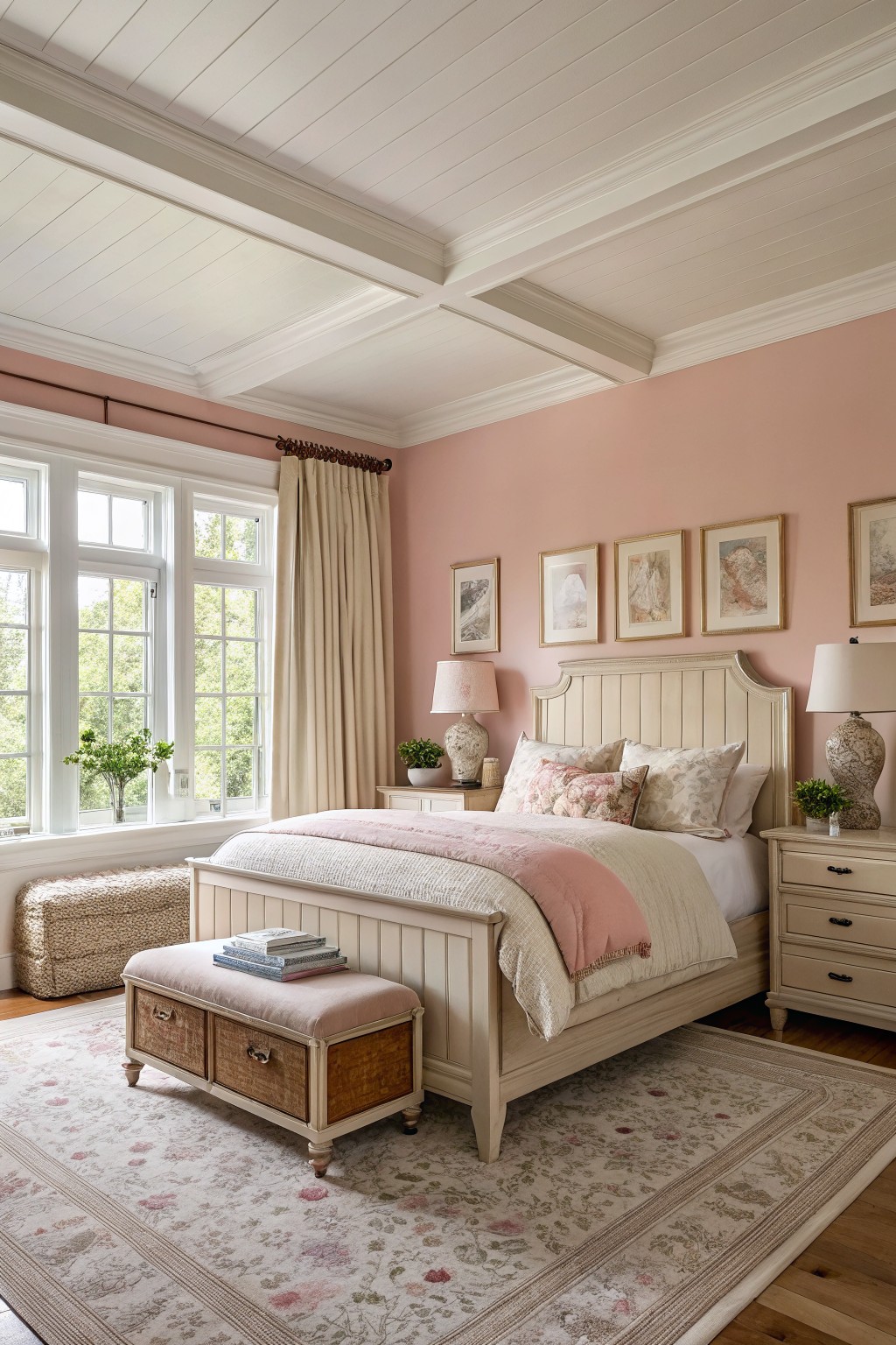 Bedroom walls painted in a soft warm pink with white trim and wood floors.