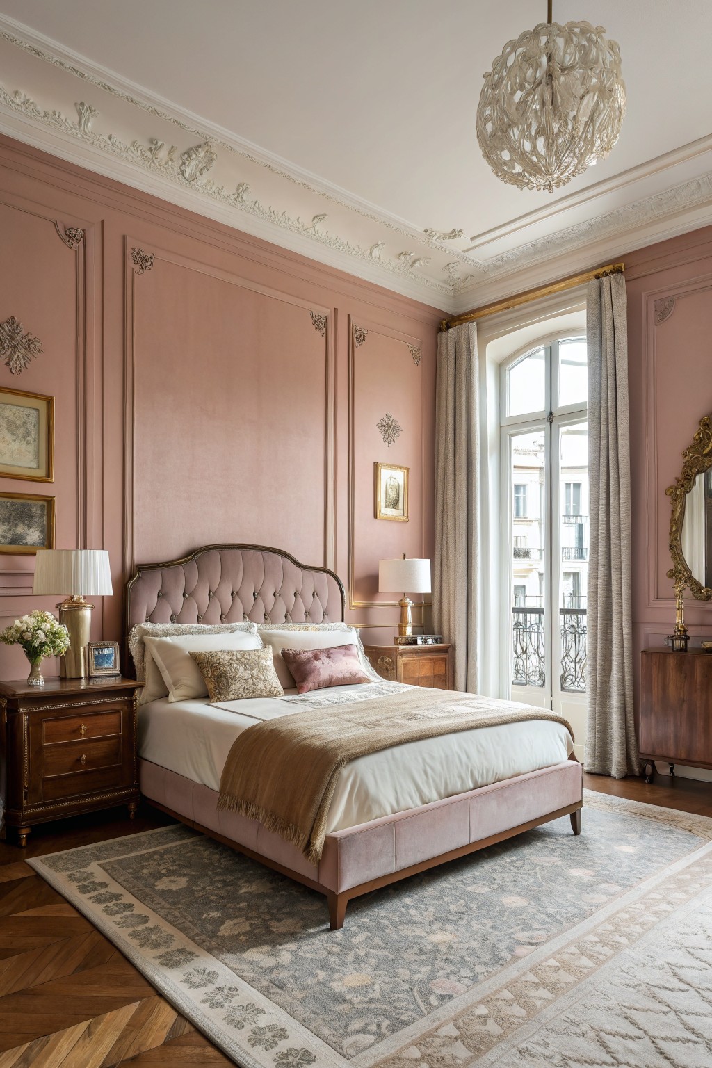 A bedroom with soft pink walls and wood trim.