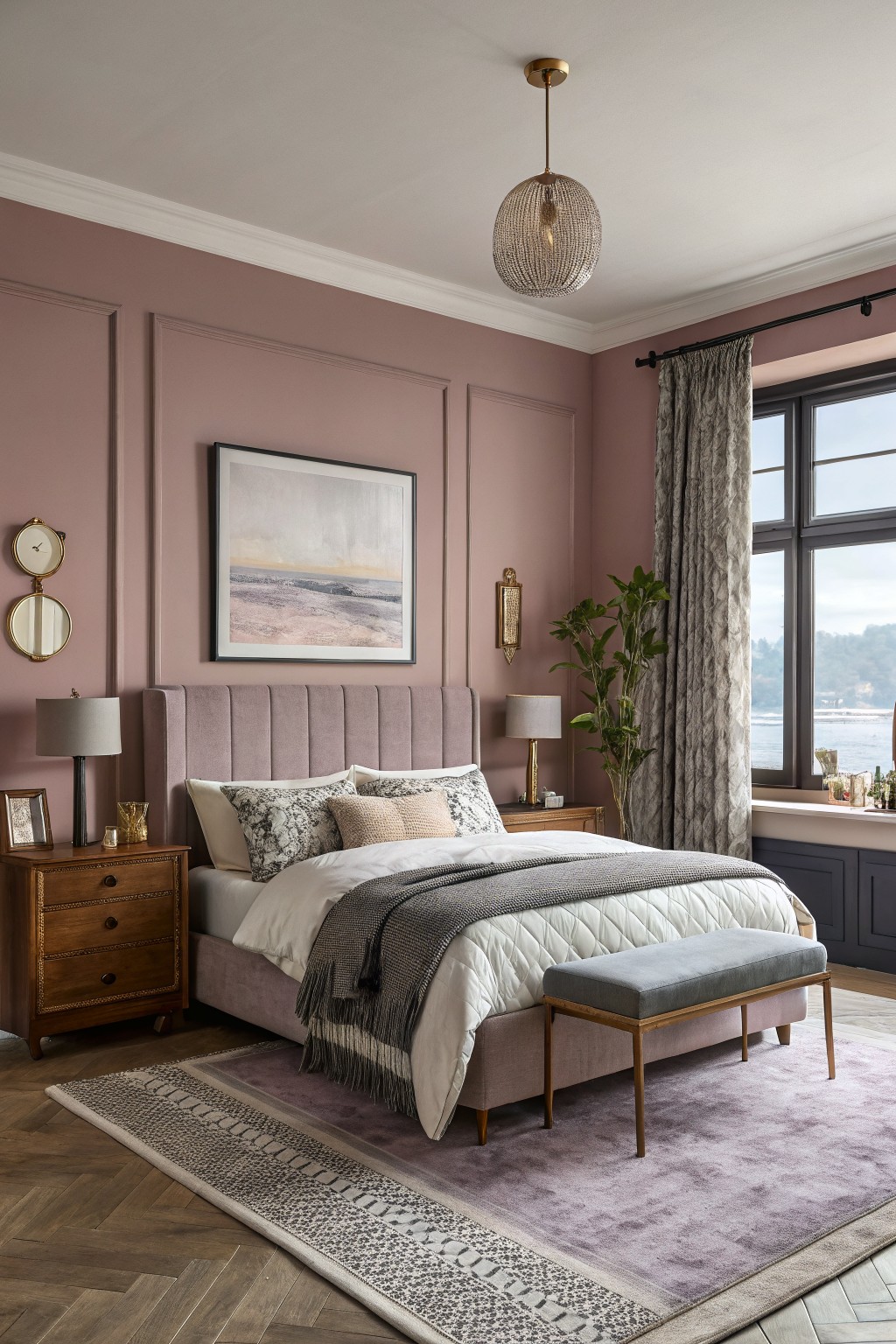 Bedroom walls painted in a soft dusty pink with white trim and wood flooring.