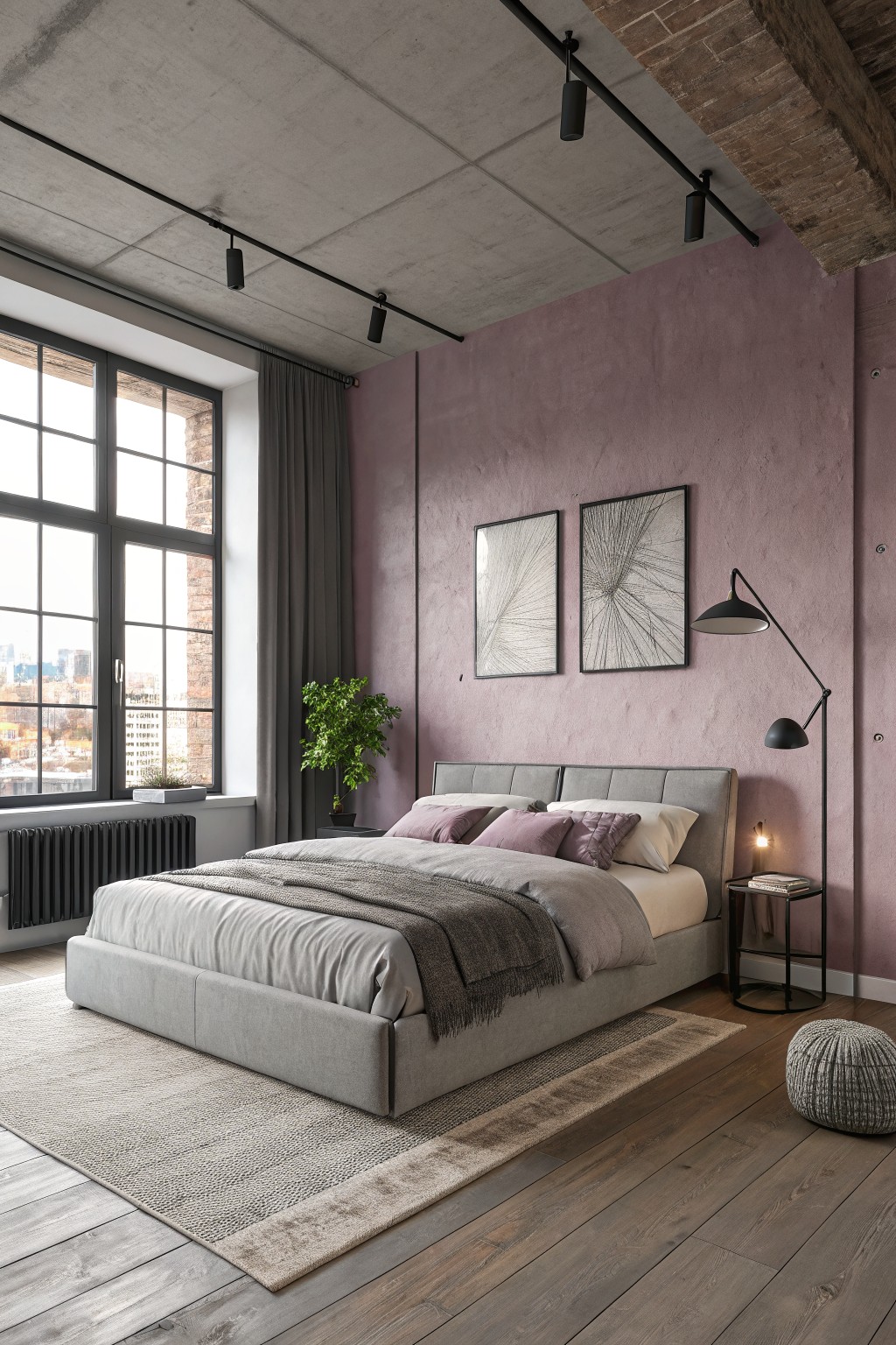 A bedroom with soft mauve walls and a gray upholstered bed.