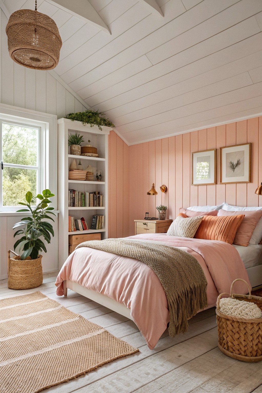Bedroom walls painted in a soft warm pink with white built-in shelving.