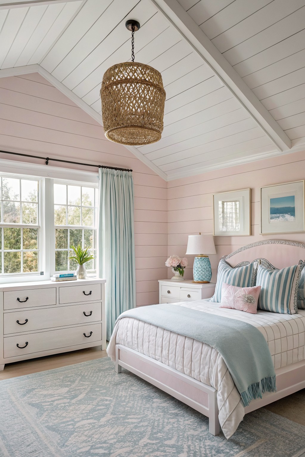 Cozy pink bedroom with white bed, woven pendant light, and blue accents.