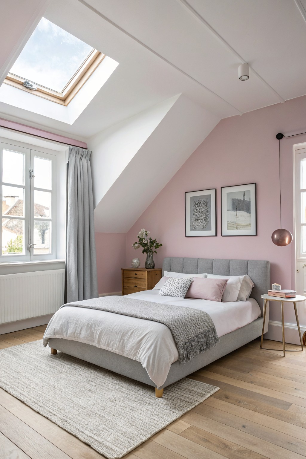 A bedroom with soft pink walls and a gray upholstered bed.