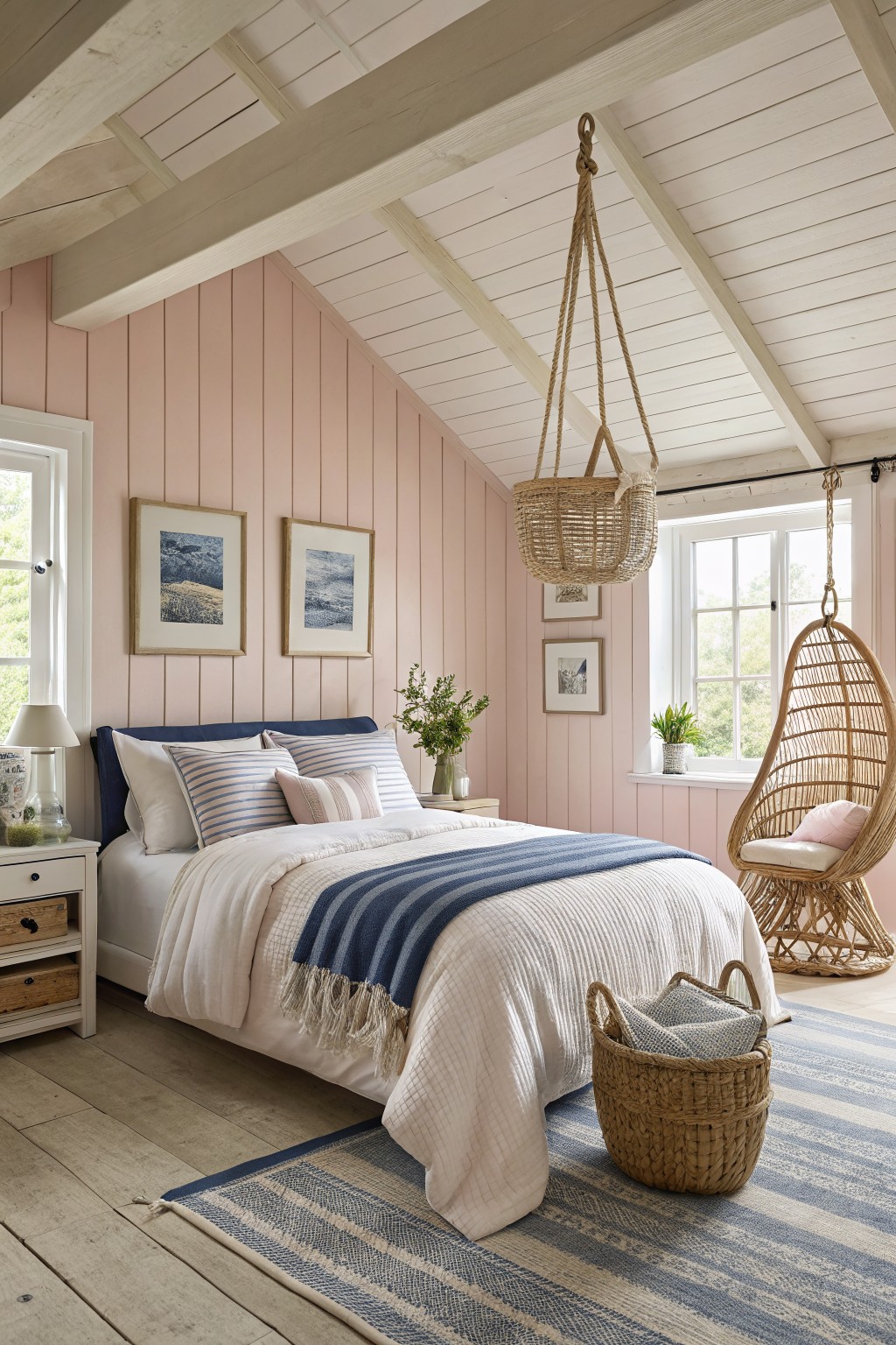 A bedroom with soft pink walls, white trim, and wood flooring.