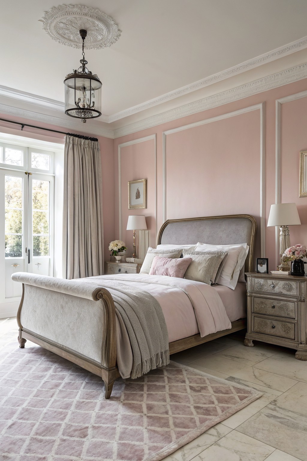 Elegant pink bedroom with upholstered sleigh bed, chandelier, and patterned rug.