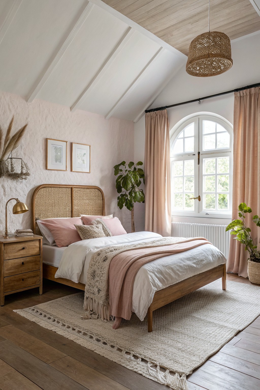 Bedroom walls painted a soft warm pink with wood furniture and an arched window.
