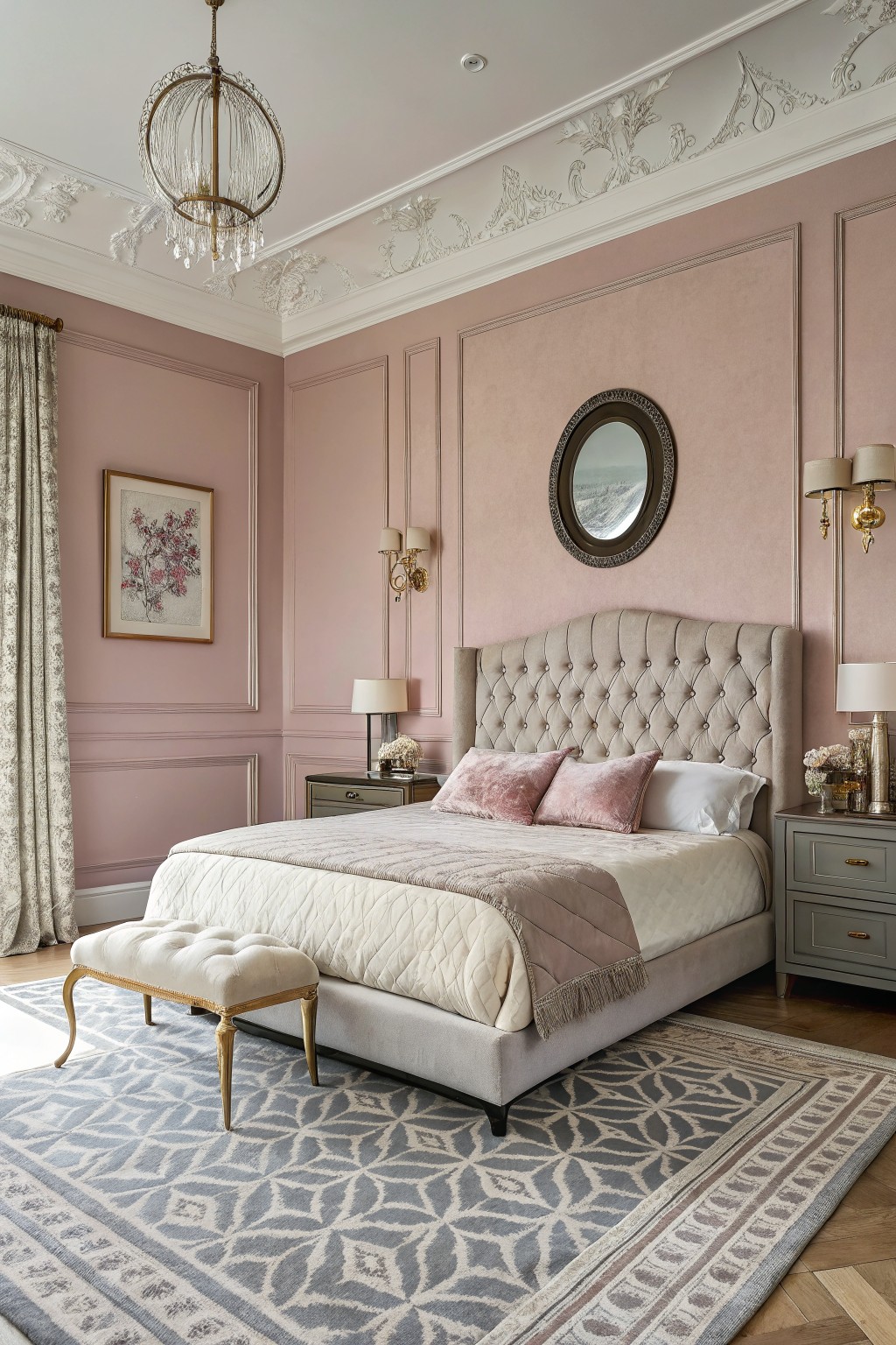 Bedroom walls painted in a soft muted pink.