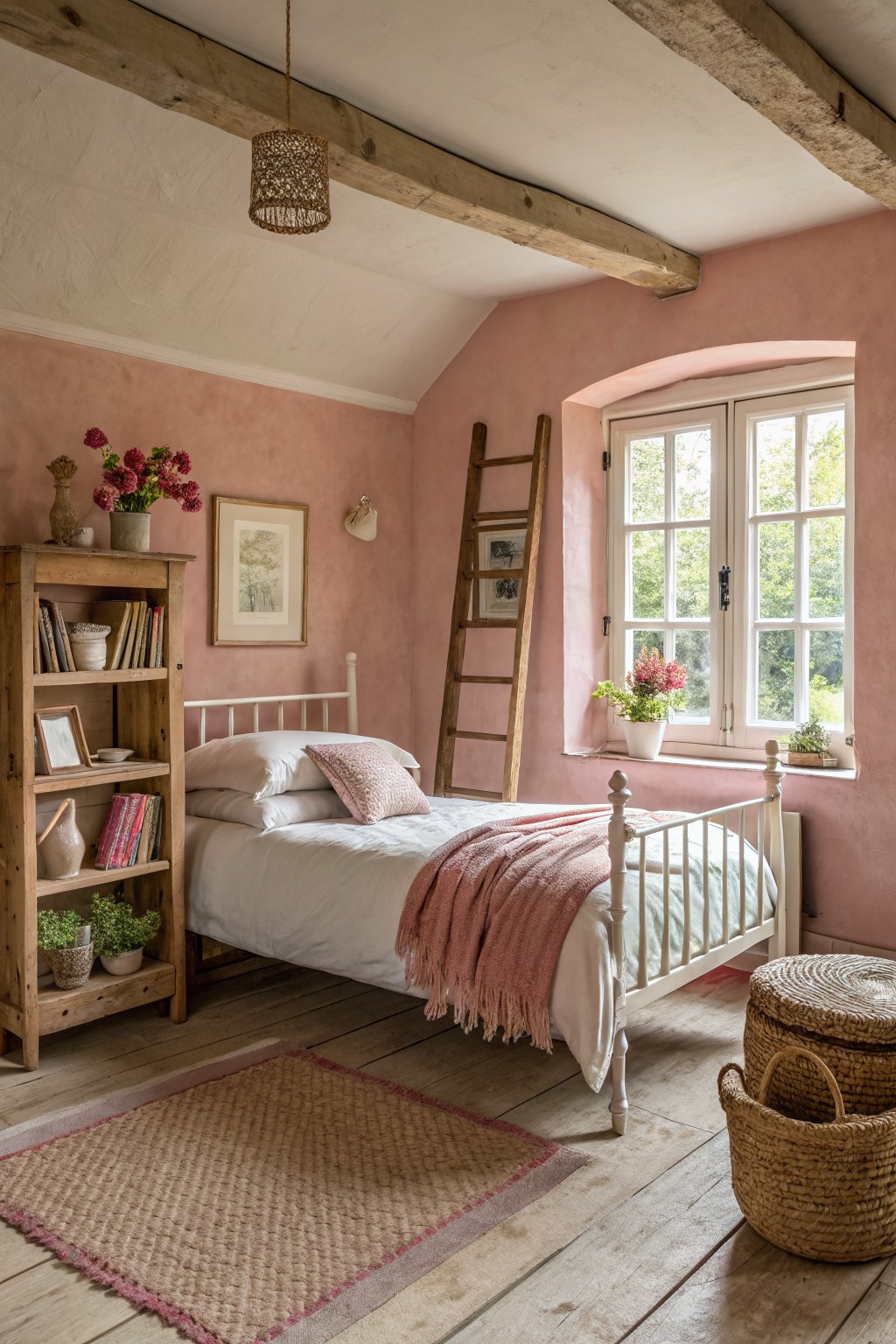 Cozy pink bedroom with white bed, wooden ladder, bookshelf, and woven rug