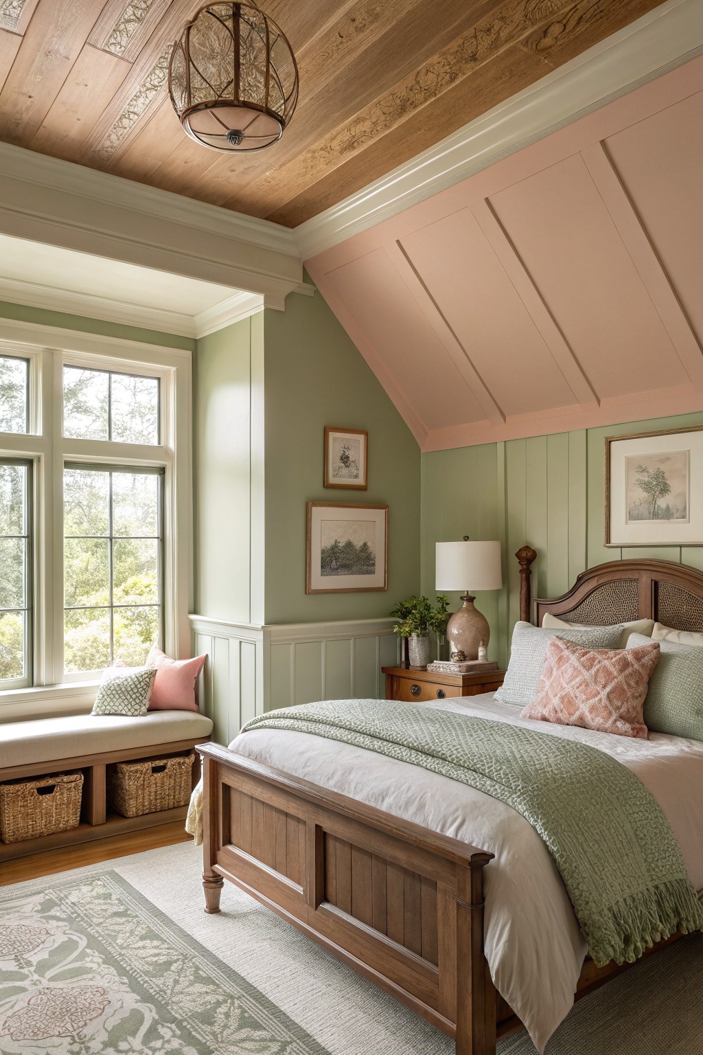 Cozy bedroom with wooden bed, sloped pink ceiling, green walls, and window seat.