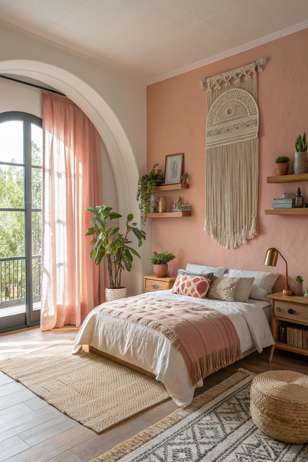 A bedroom with soft warm pink walls and wooden accents.