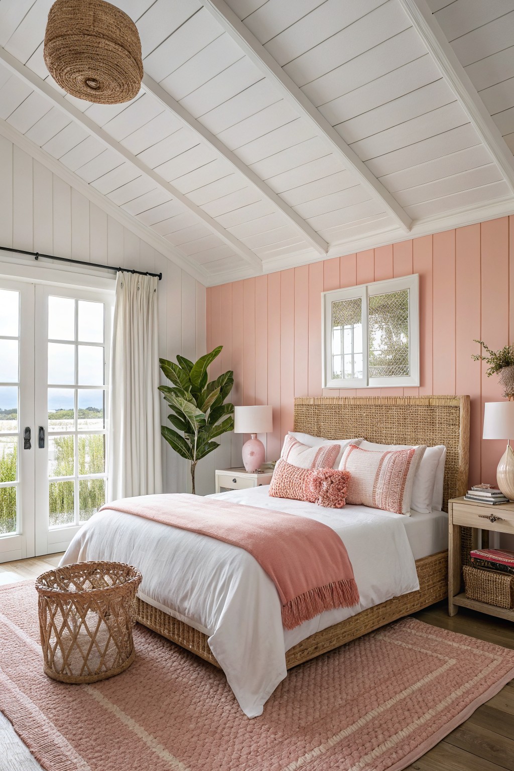 A bedroom with warm blush pink walls and white trim.