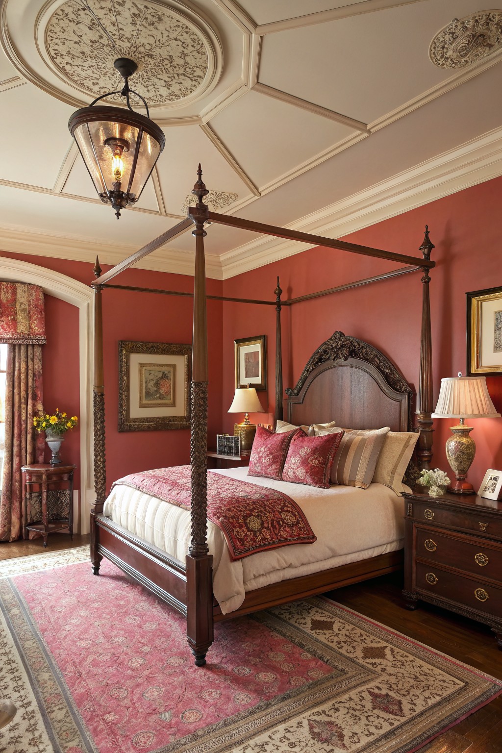 Ornate four-poster bed in a red bedroom with chandelier and wooden furniture