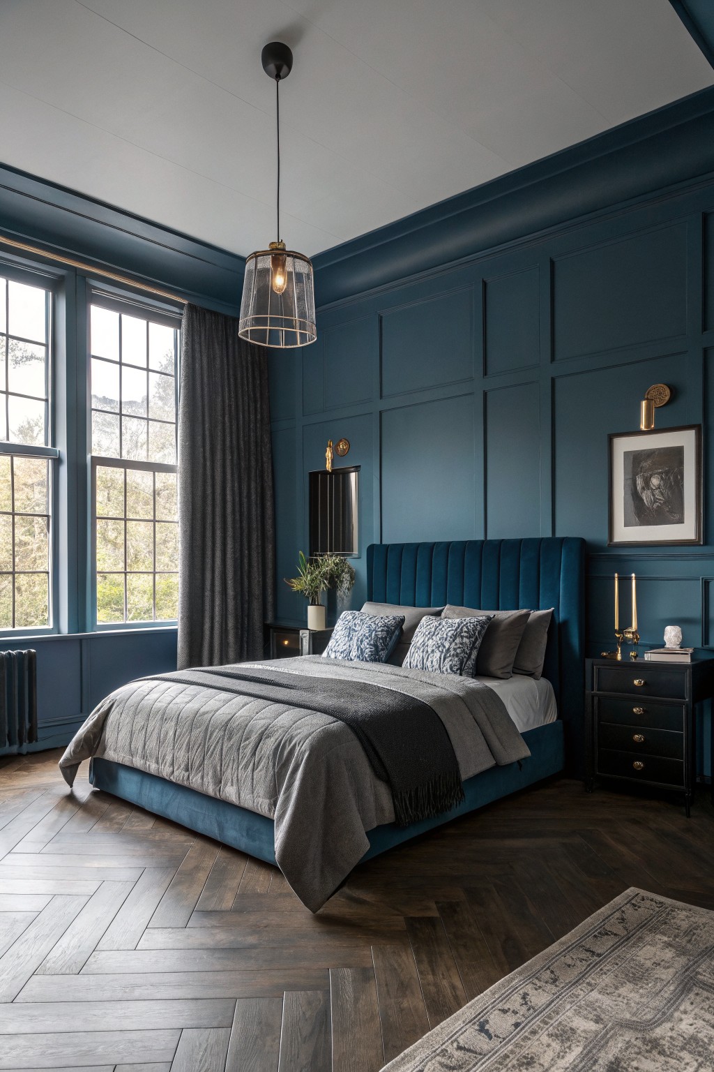 A bedroom with deep teal paneled walls and a large bed.