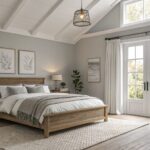 Light gray walls in a bedroom with wood furniture and white trim.