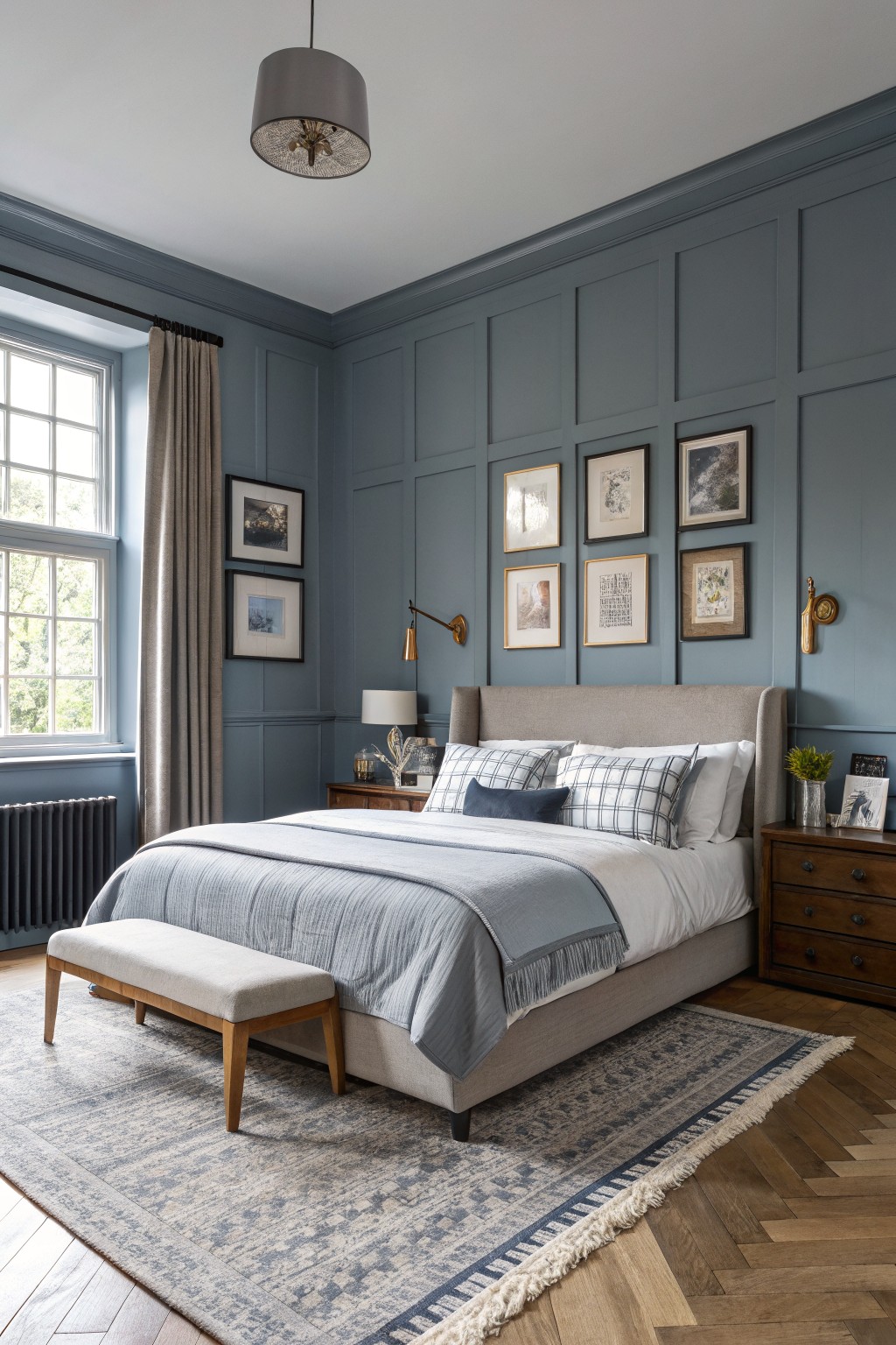 A bedroom with soft blue gray walls and a large upholstered bed.