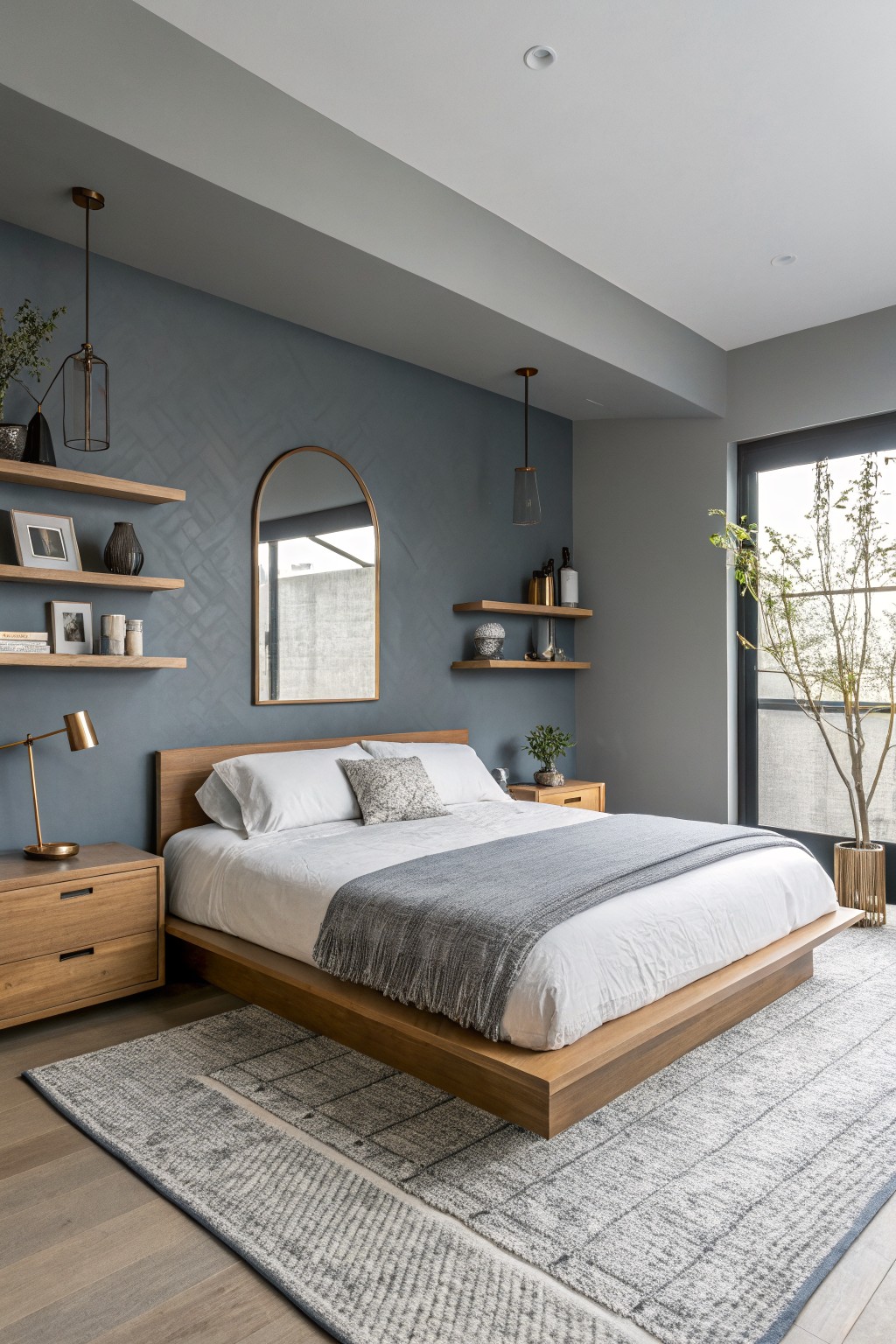 A bedroom featuring soft blue gray walls with wooden floating shelves and a platform bed.