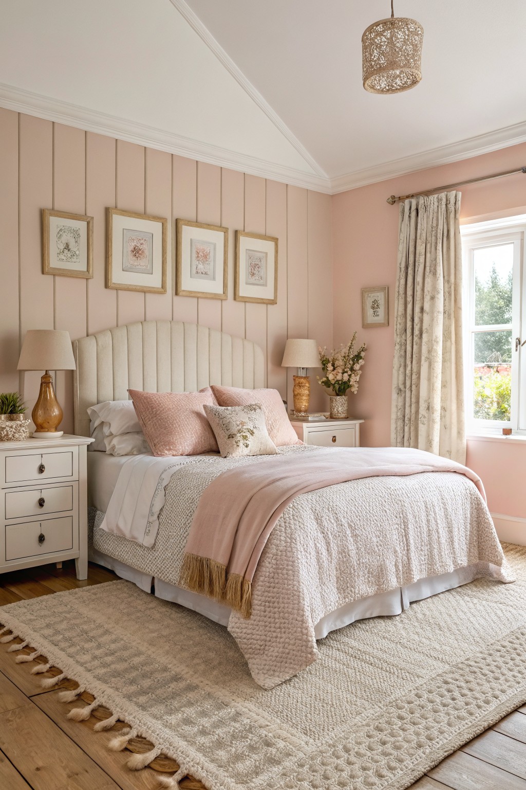 Bedroom walls painted in a soft blush pink with white trim and wood flooring.