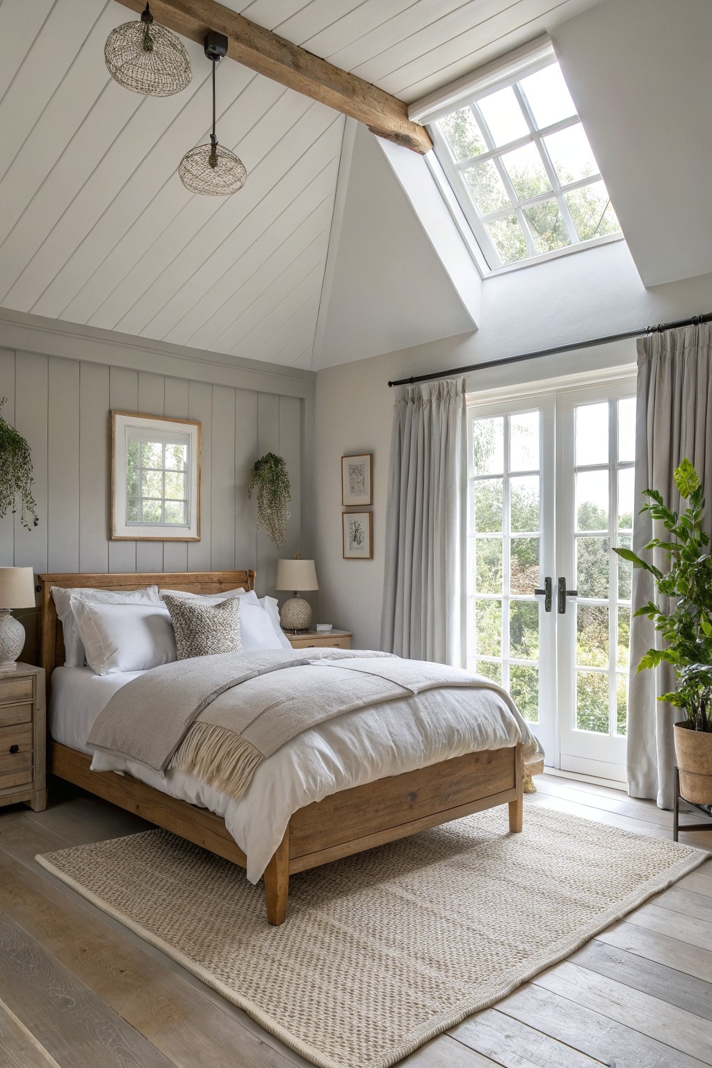 Light gray walls in a bedroom with wood furniture and white trim.